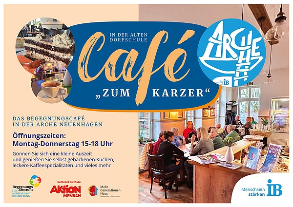 Bild des belebten Cafés mit Logo "Café" und den Logos von Mehrgenerationenhaus und Aktion Mensch